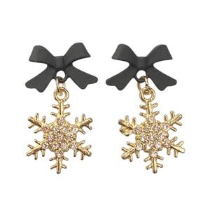 Diamond Snowflake with Black Bow Gold Toned Stud Earrings